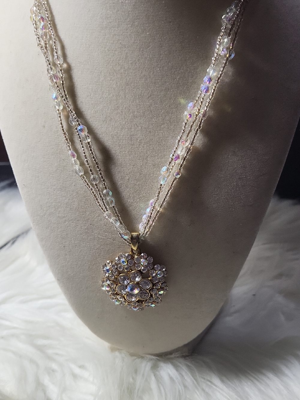 Ab Glass Floral Pendant Necklace - Iridescent Gold Tone W/Rhinestones